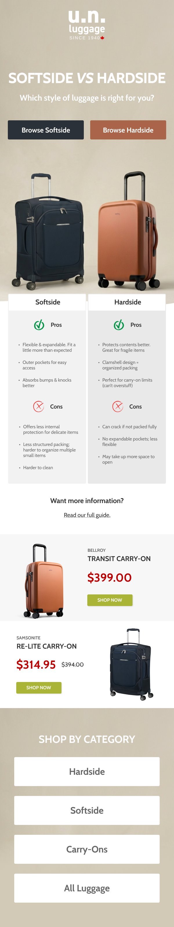 Softside vs. Hardside email campaign
